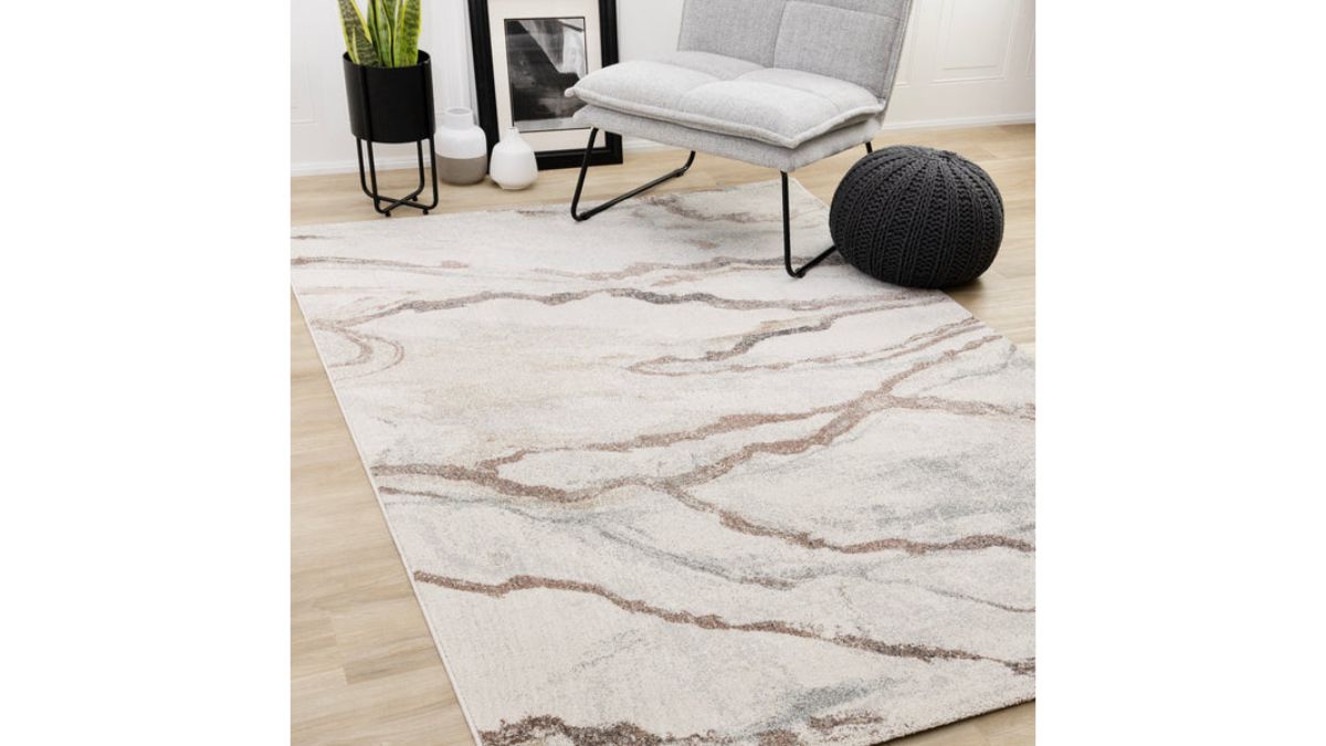 Mae White Grey Orange Veined Marble Design Rug