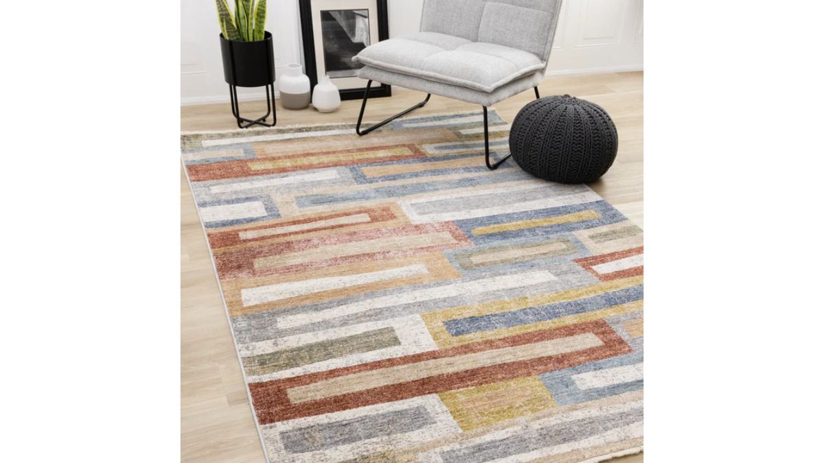 Muse Orange Red Blue Yellow Beige Layered Brick Design Rug