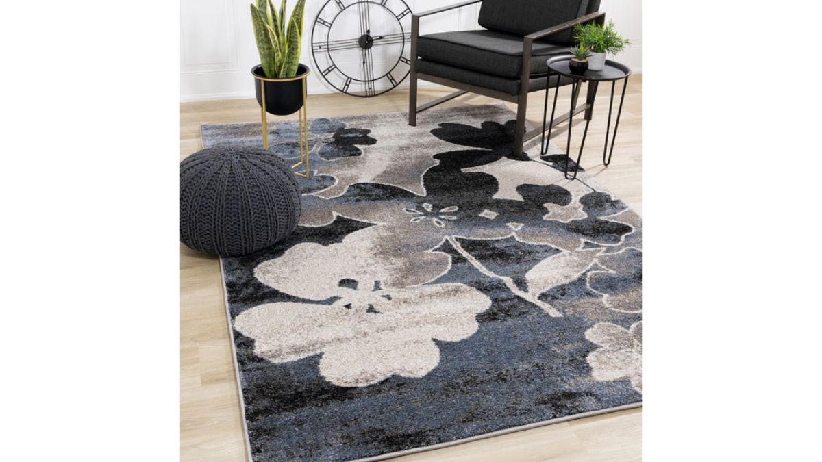 Breeze Blue Cream Black Poppies Rug