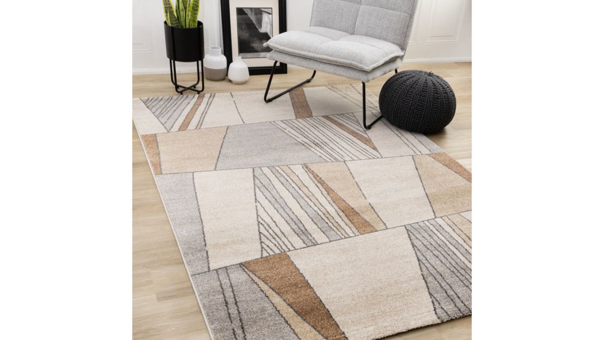 Mae White Beige Orange Stain Glass Design Rug