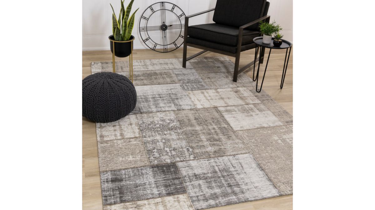 Cathedral Grey Cream Distressed Patchwork Rug