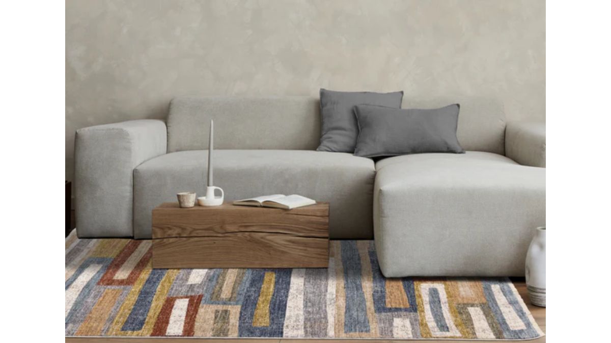 Muse Orange Red Blue Yellow Beige Layered Brick Design Rug