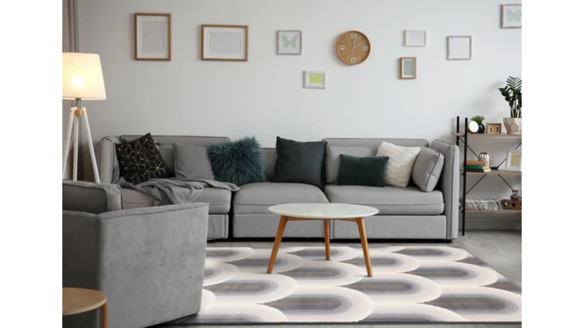 Ella Cream Blue Grey Ombre Geometric Plush Rug