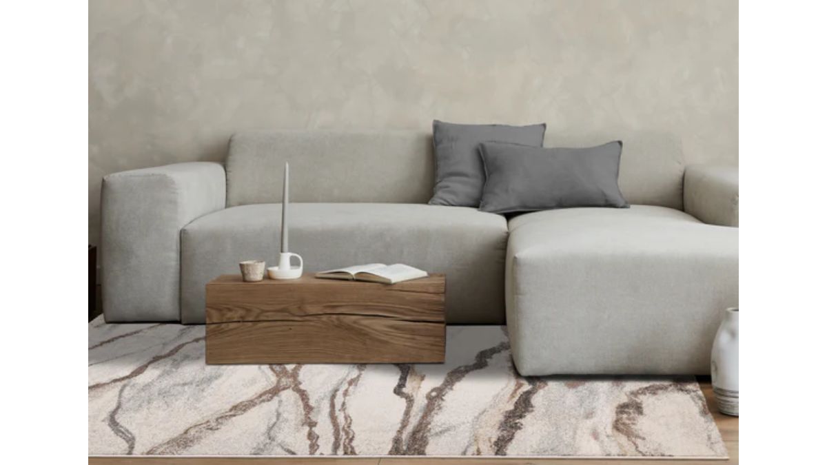 Mae White Grey Orange Veined Marble Design Rug