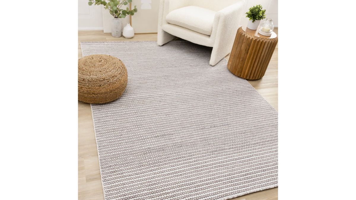 Aspen White Taupe Black Stripe Pattern Woven Rug