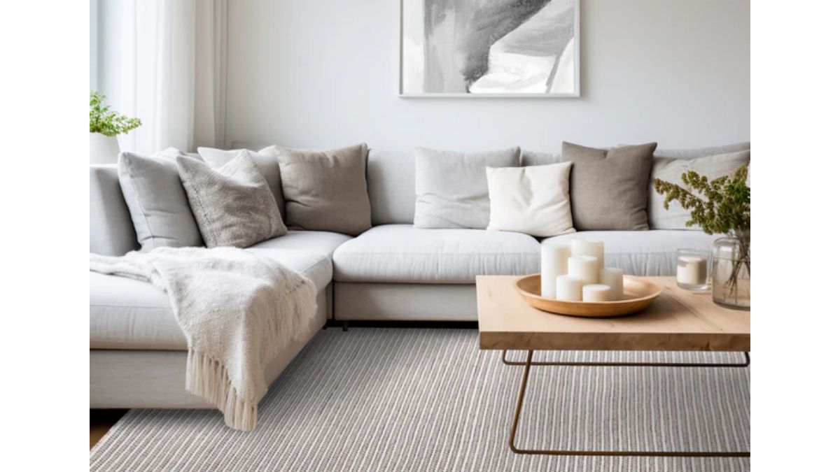 Aspen White Taupe Black Stripe Pattern Woven Rug