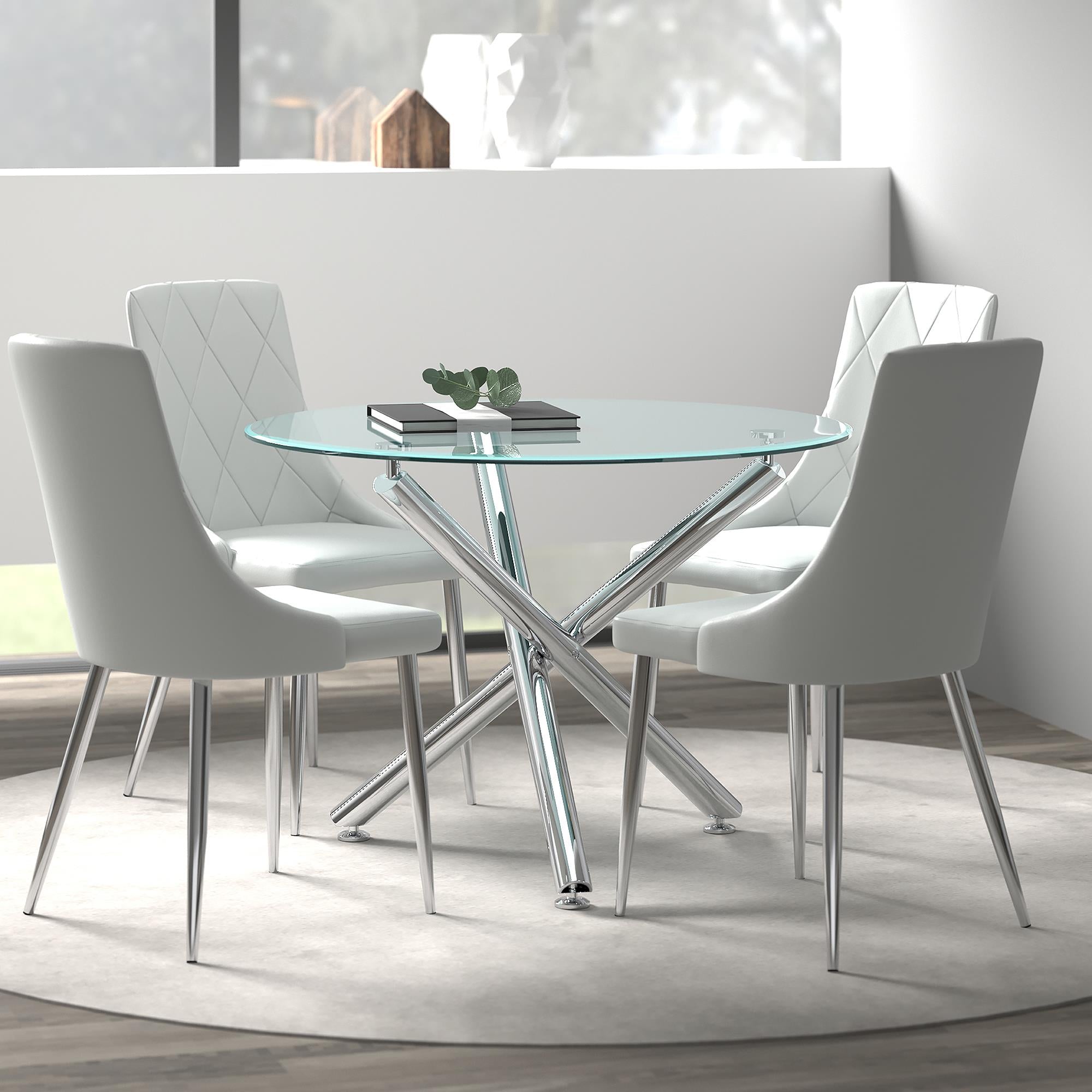 Worldwide Home Furnishings Solara/Devo 207-160_087LG 5 pc Dining Set - Chrome with Grey Chair IMAGE 1