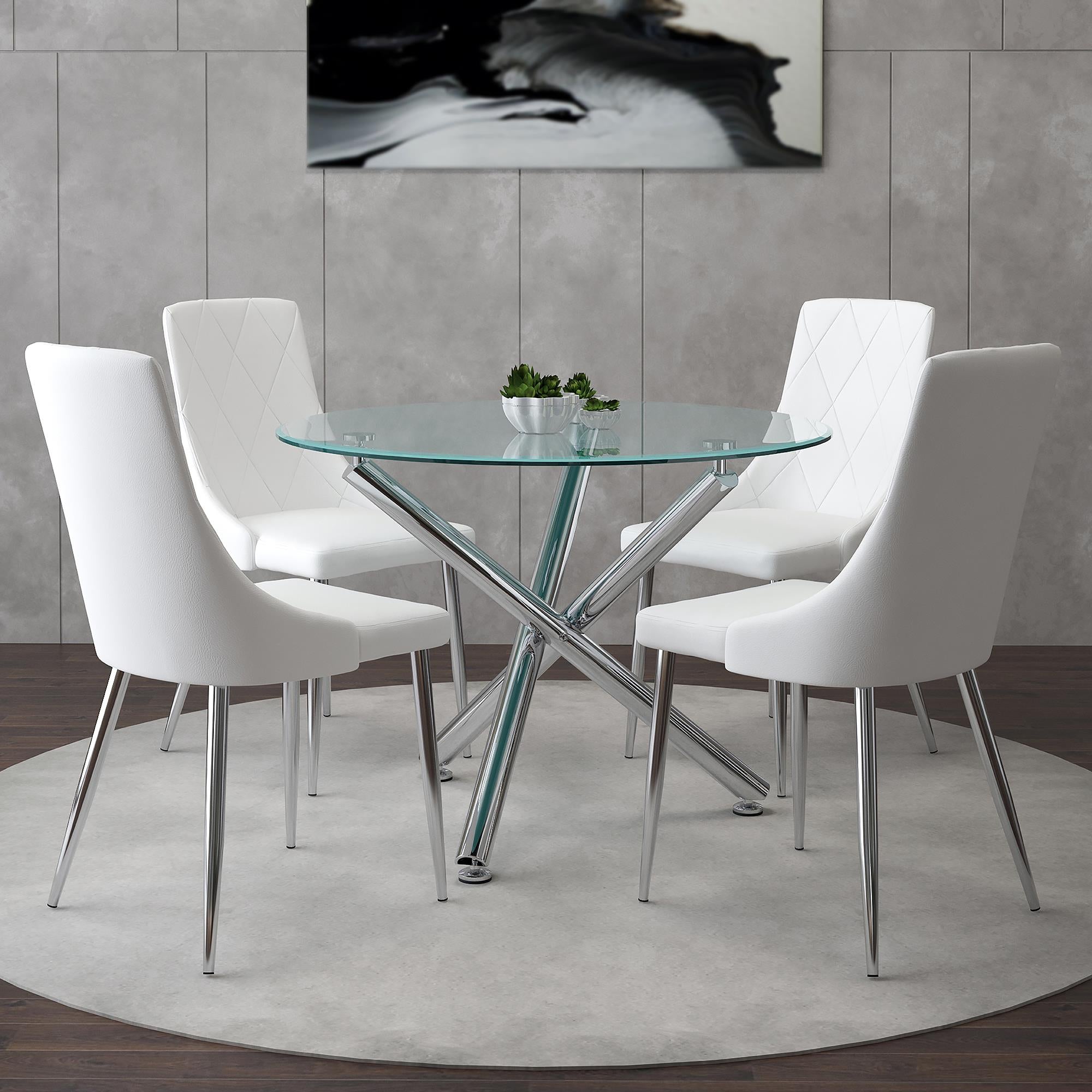 Worldwide Home Furnishings Solara/Devo 207-160_087WT 5 pc Dining Set - Chrome with White Chair IMAGE 1