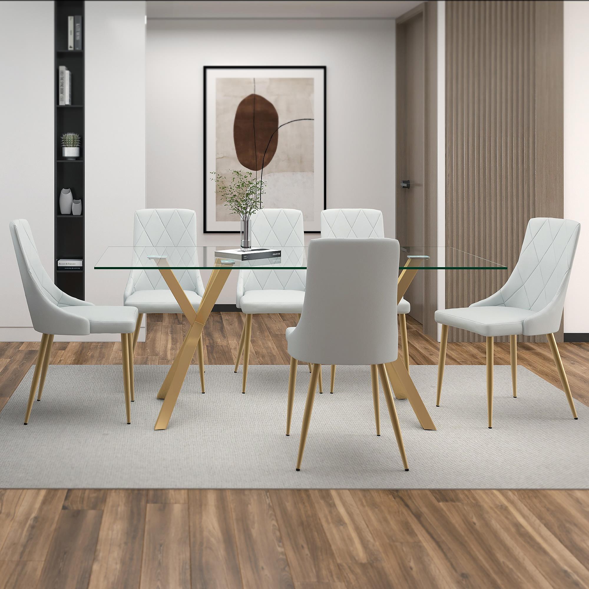 Worldwide Home Furnishings Stark/Antoine 207-535GL_573LG 7 pc Dining Set - Aged Gold with Light Grey Chair IMAGE 1