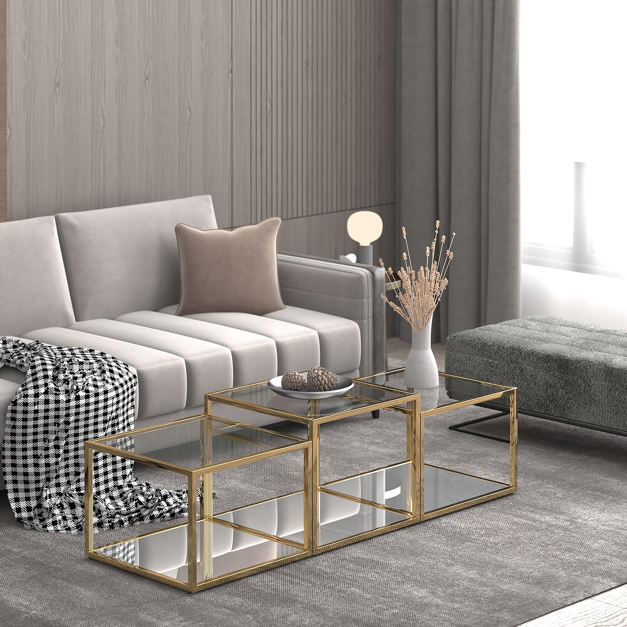 !nspire Casini 303-632GL-3 3 pc Multi-Tier Coffee Table Set - Gold IMAGE 2