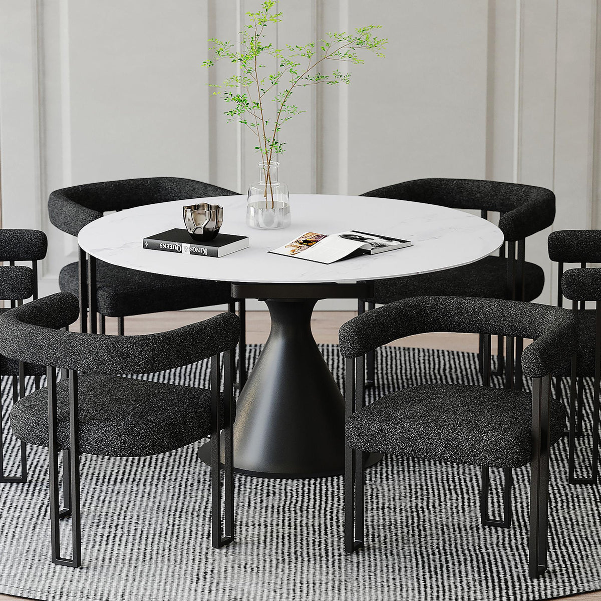 !nspire Calisto 201-110WT Round Pedestal Dining Table w/Extension - White and Black IMAGE 2