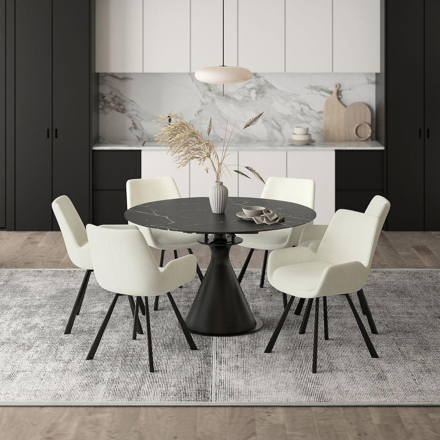 Worldwide Home Furnishings Calisto/Signy 207-110BK_144IV 7 pc Dining Set - Black Table with Ivory Chair IMAGE 1