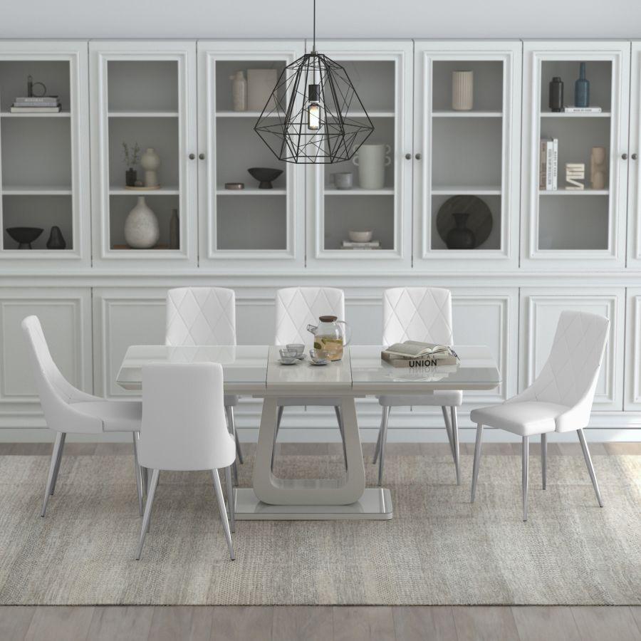 Worldwide Home Furnishings Corvus/Devo 207-159WGY_087WT 7 pc Dining Set - Warm Grey Table with White Chair IMAGE 1
