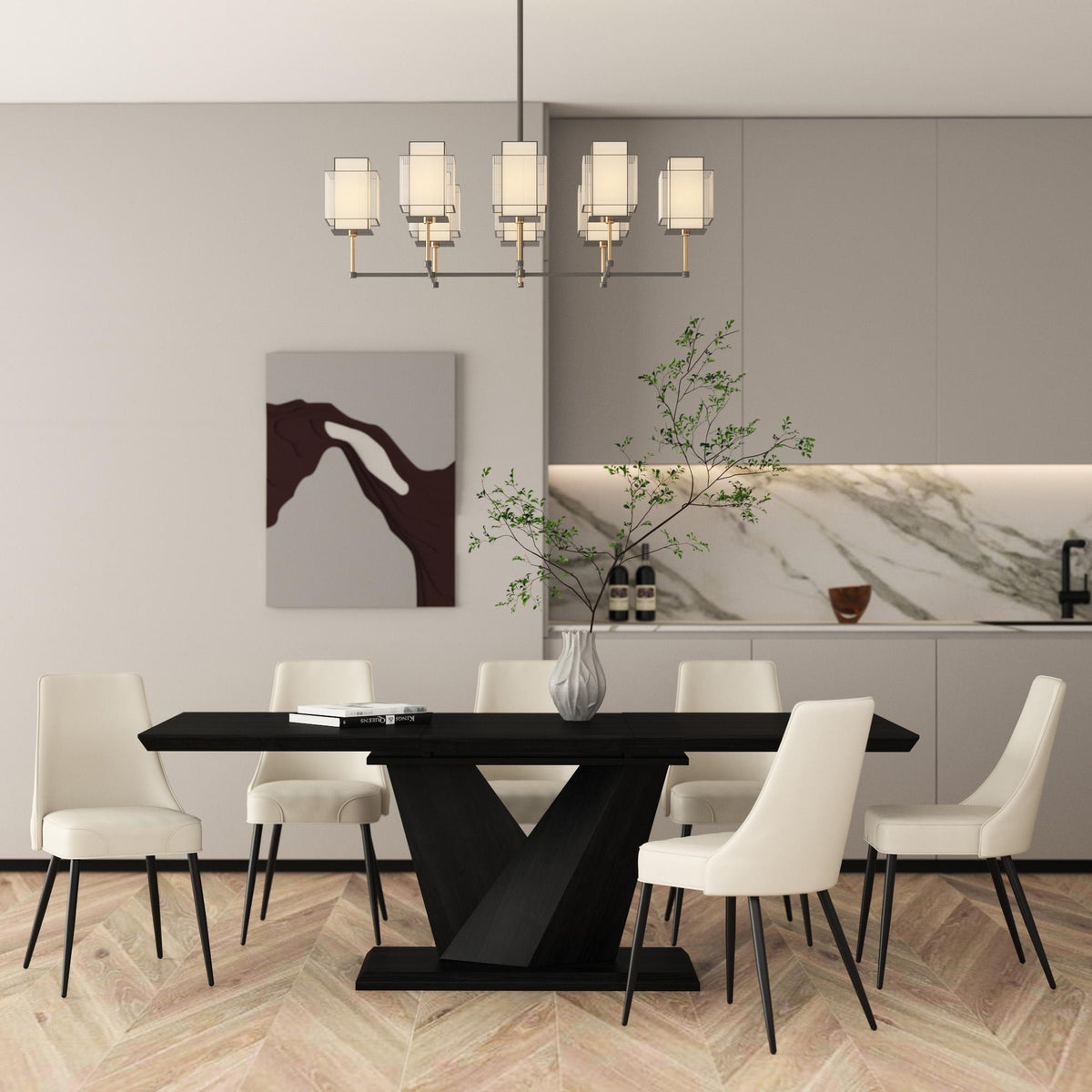 Worldwide Home Furnishings Eclipse/Koda 207-860BK_158PUBG 7 pc Dining Set - Black Table with Beige Chair IMAGE 1