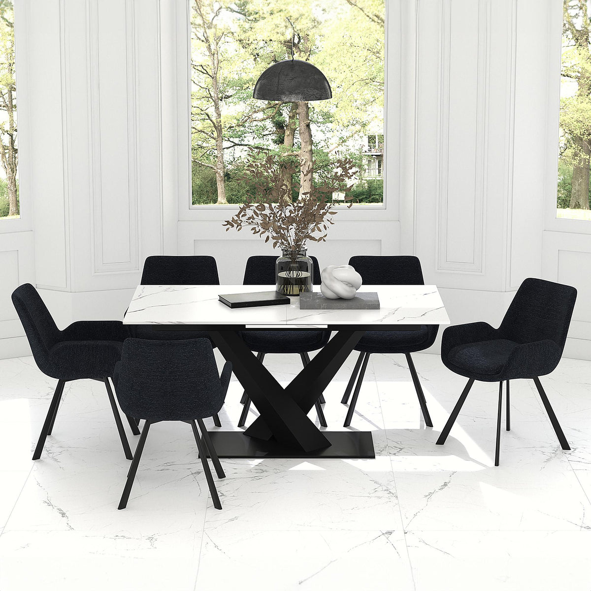 Worldwide Home Furnishings Julius/Signy 207-111WT_144BK 7 pc Dining Set - White Table with Black Chair IMAGE 1