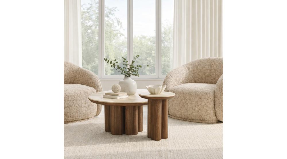 Seaton Round Coffee Table in Walnut and Travertine