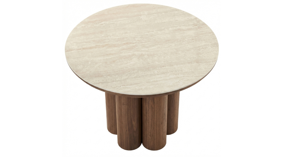 Seaton and Amara 5pc Dining Set - Walnut and Travertine Table and Beige Chairs