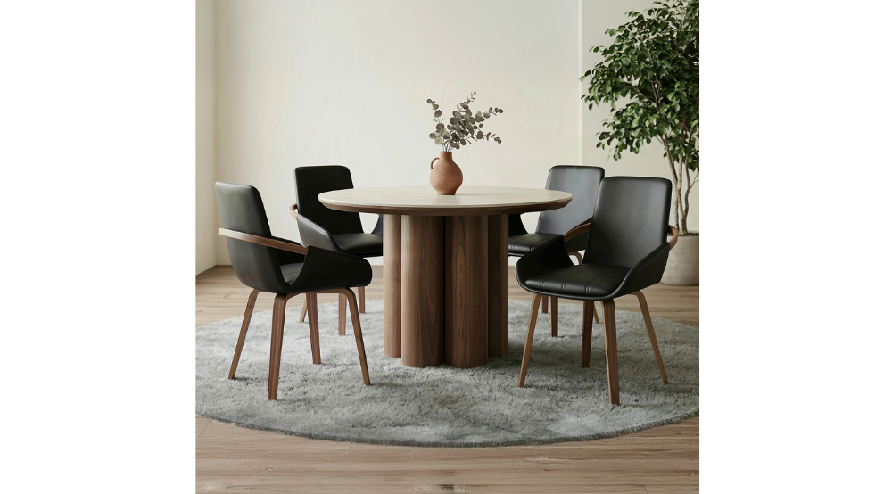 Seaton and Caspian 5pc Dining Set - Walnut and Travertine Table and Black and Walnut Chairs