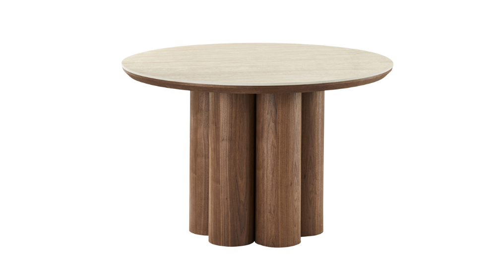 Seaton and Caspian 5pc Dining Set - Walnut and Travertine Table and Black and Walnut Chairs