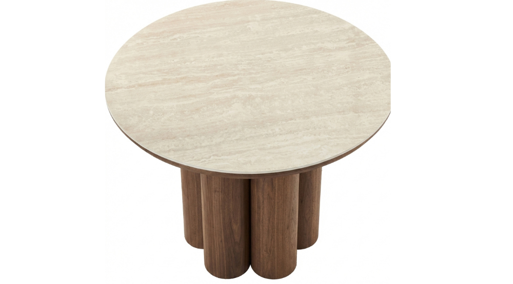 Seaton and Caspian 5pc Dining Set - Walnut and Travertine Table and Black and Walnut Chairs