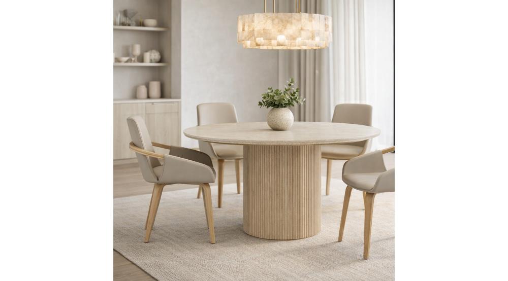 Thalia Round Dining Table, 47" in Ivory & Travertine