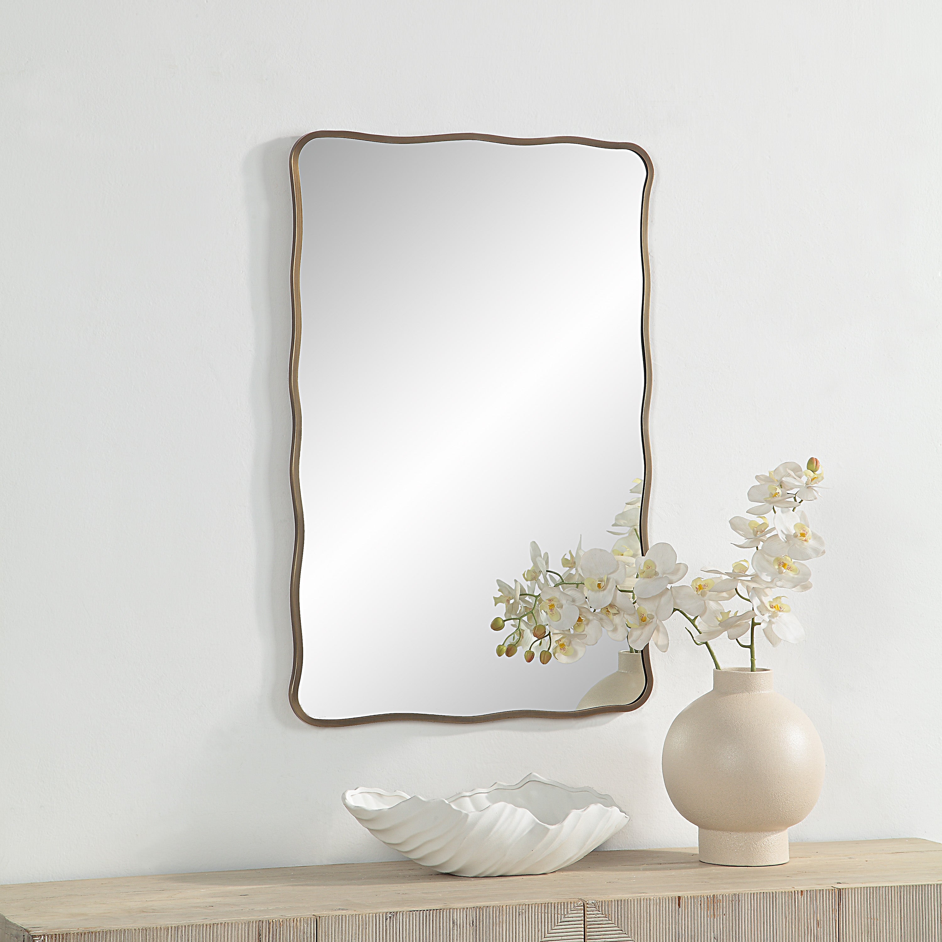Basel 36" Tall Rectangular Irregular Mirror, Antique Brushed Brass - Lifestyle Image - MT2635
