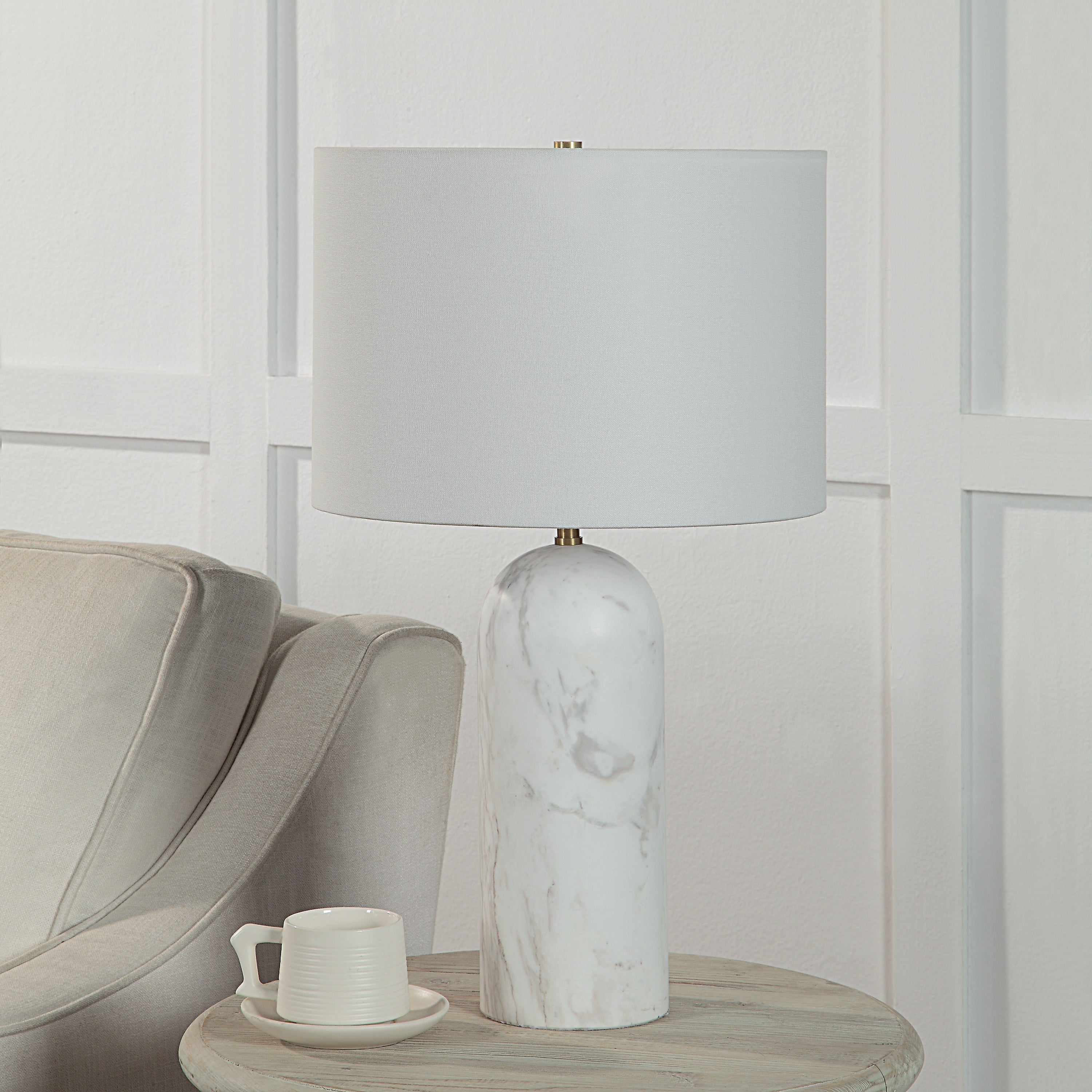 Beausoleil 25" Tall Satin Brass Iron Table Lamp with Drum Linen Shade - Lifestyle Image - LPT1272