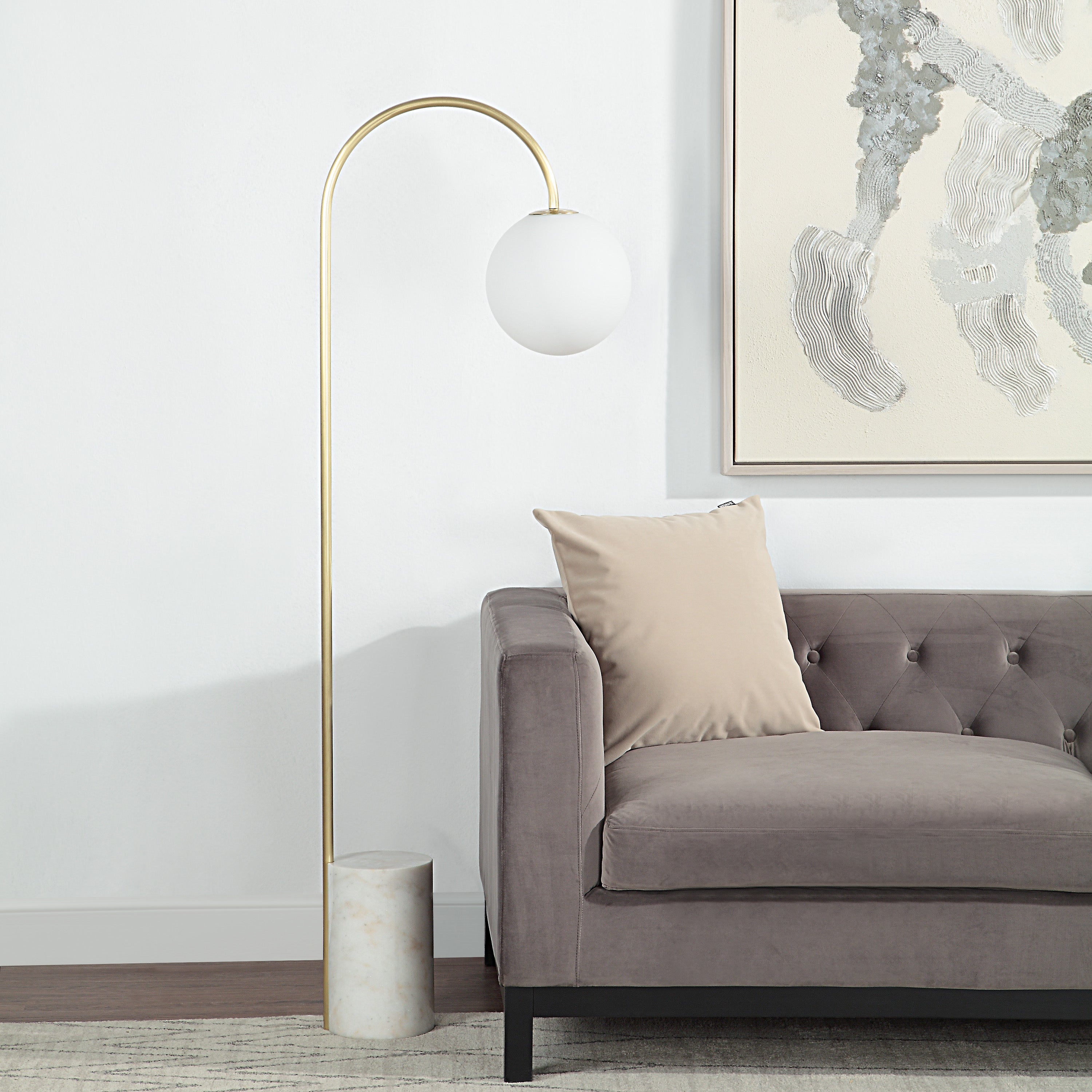 Merlot 62" Tall Satin Brass Floor Lamp with Globe Glass Shade - Lifestyle Image - LPF3151