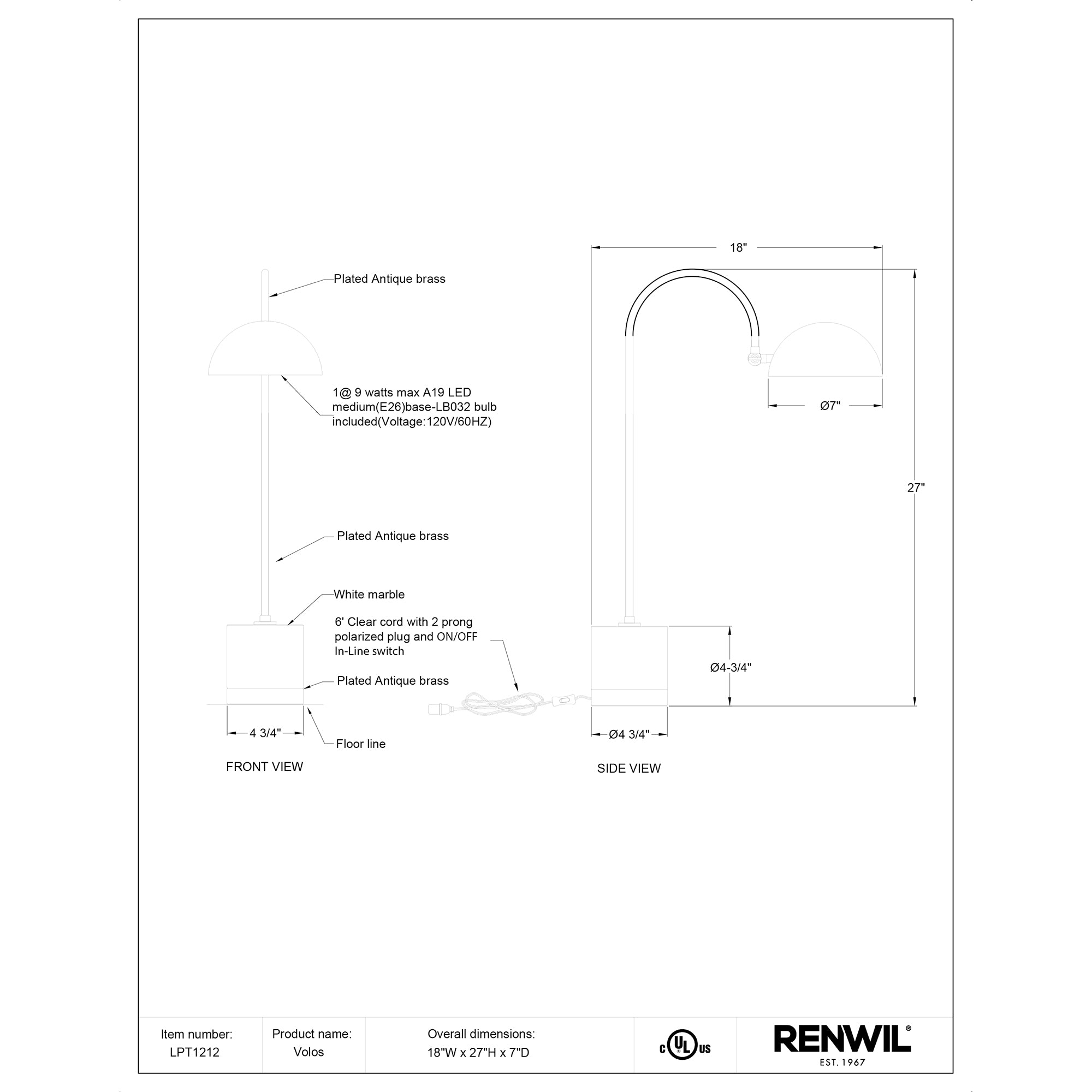 Volos 27" Length Table Lamp, White - Technical Drawing - LPT1212