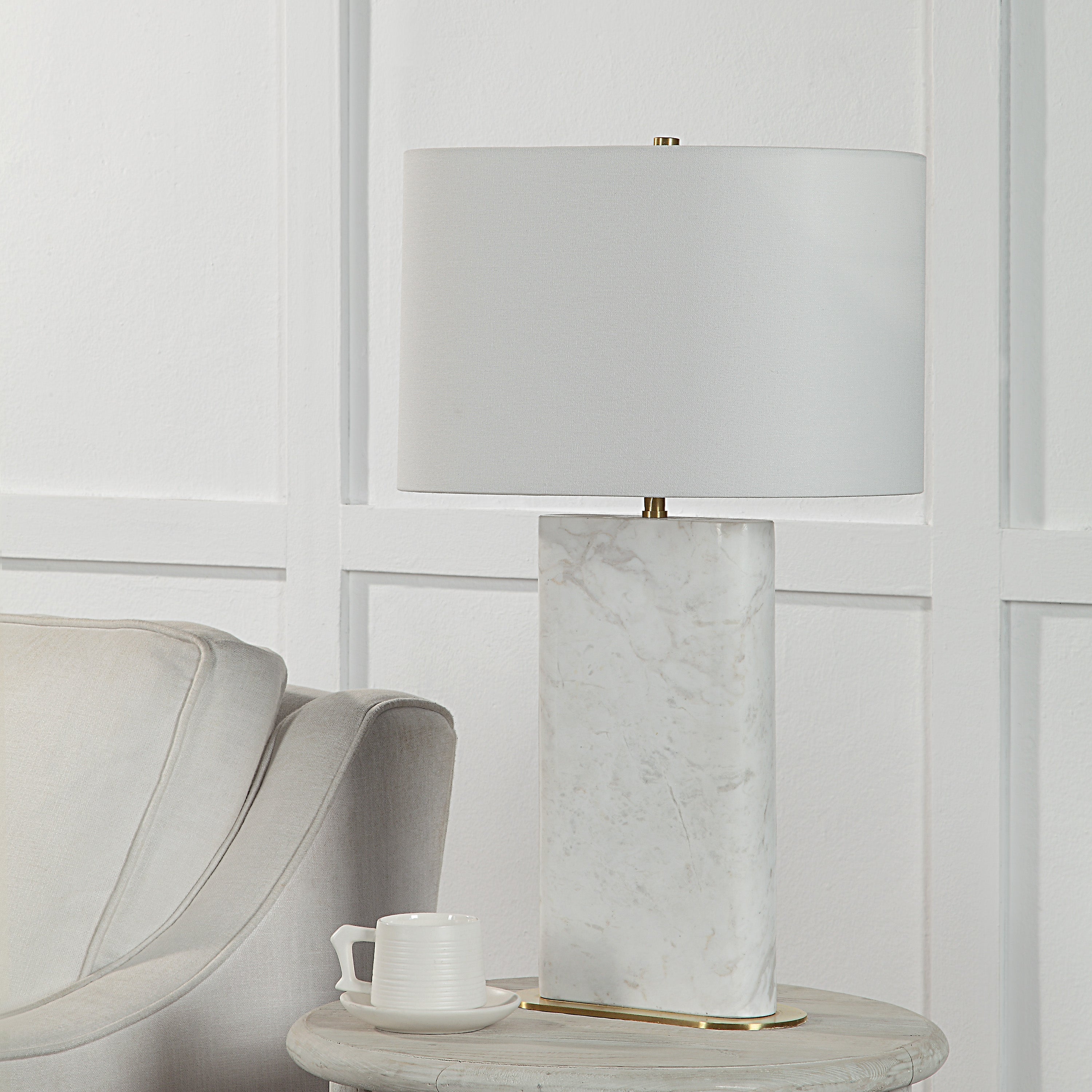 Irisa 27" Tall Plated Antique Brushed Brass Iron Table Lamp with Drum Linen Shade - Lifestyle Image - LPT1258