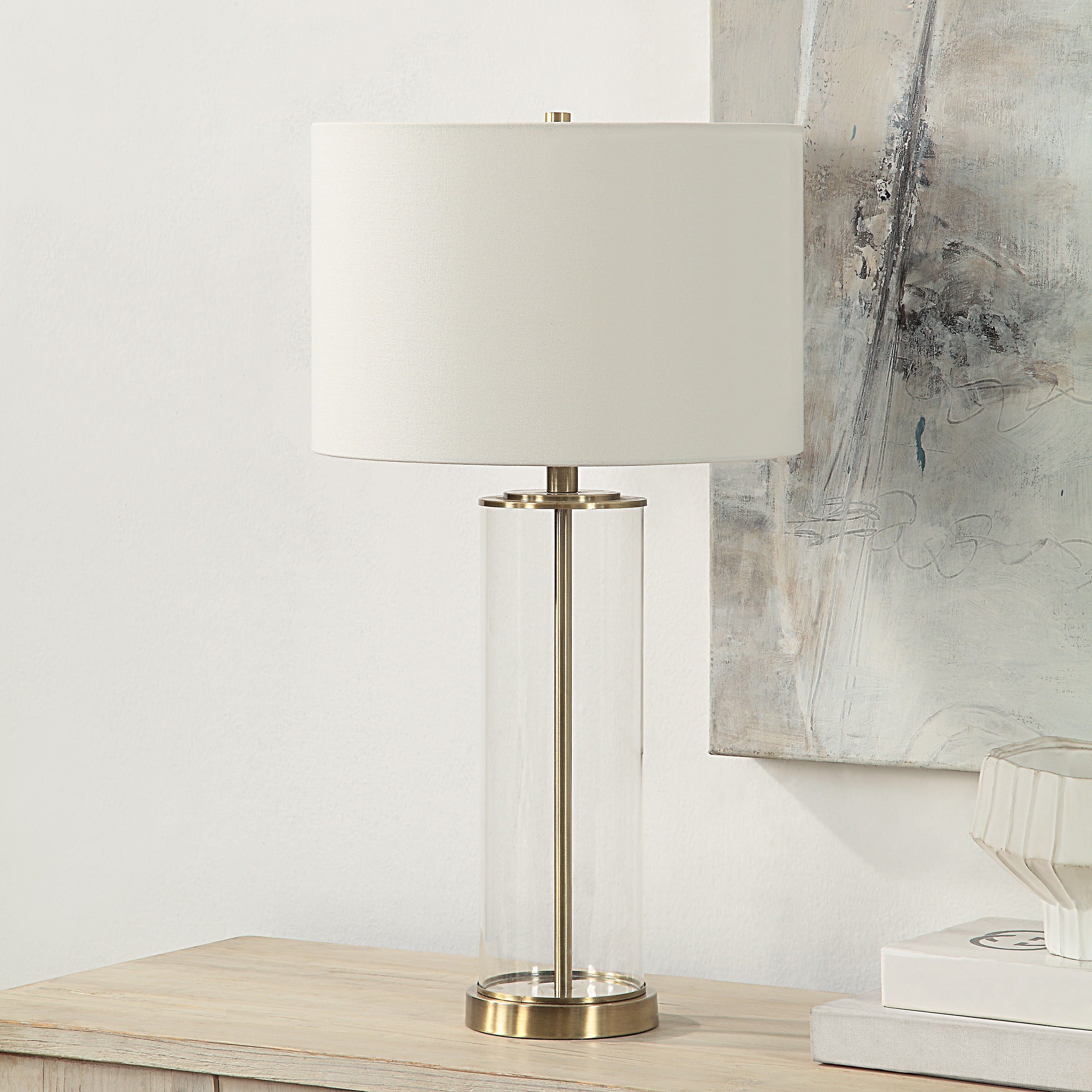 Saco 28" Tall Satin Brass Glass Table Lamp with Drum Linen Shade (Set of 2) - Lifestyle Image - LPT1264-SET2