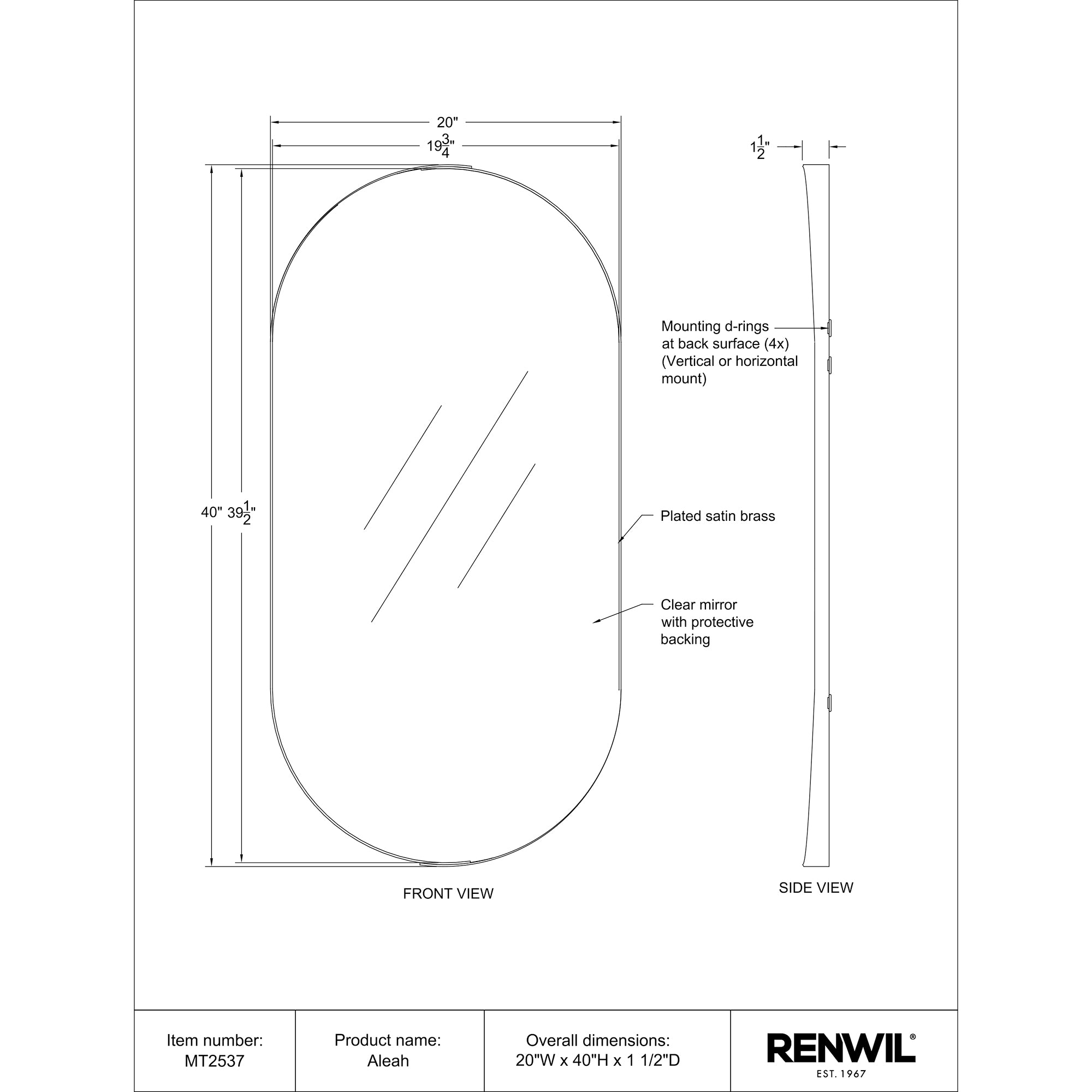 Aleah 40" Tall Oval Wall Mirror, Yellow - Technical Drawing - MT2537