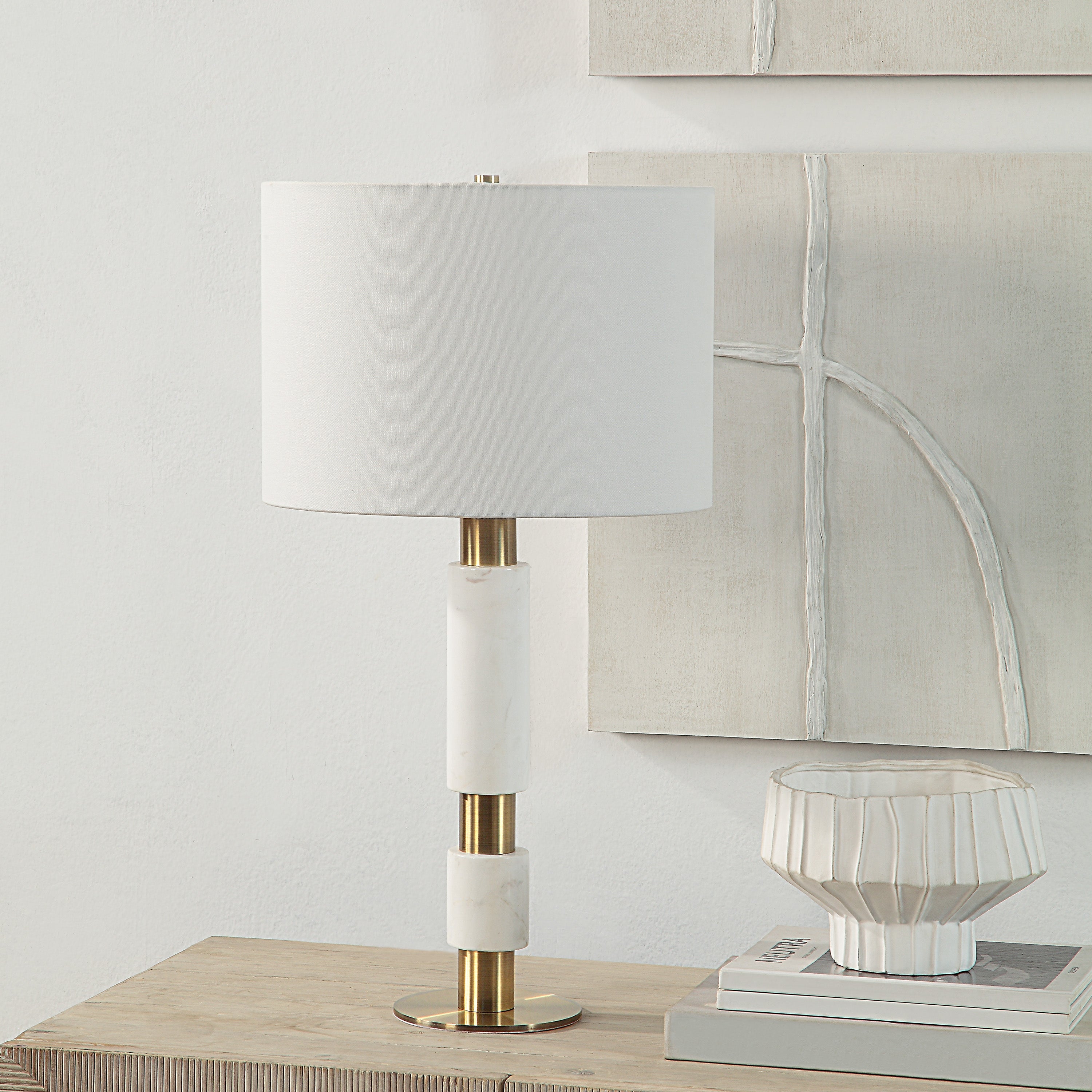 Pirot 27" Tall Antique Brushed Brass Iron Table Lamp with Tapered Linen Shade - Lifestyle Image - LPT1213