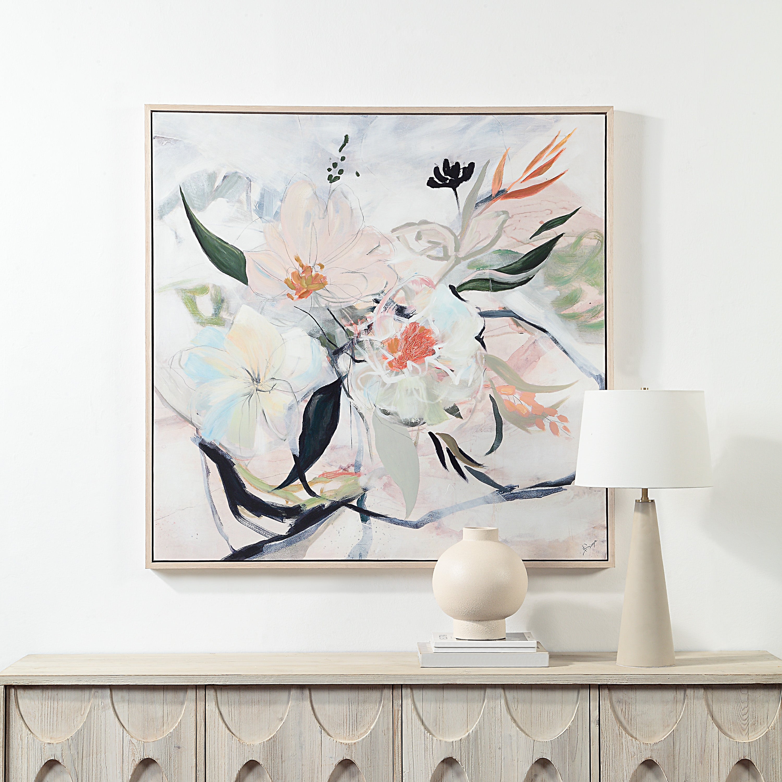 Daye 50" Wide Canvas Art with Wood Frame, Cream - Lifestyle Image - OL2147