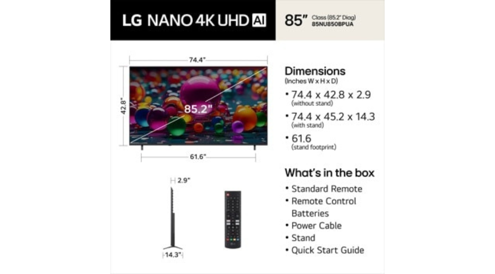 85" LG NANO 4K UHD AI NU85 Smart TV (85NU850BPUA)-2026