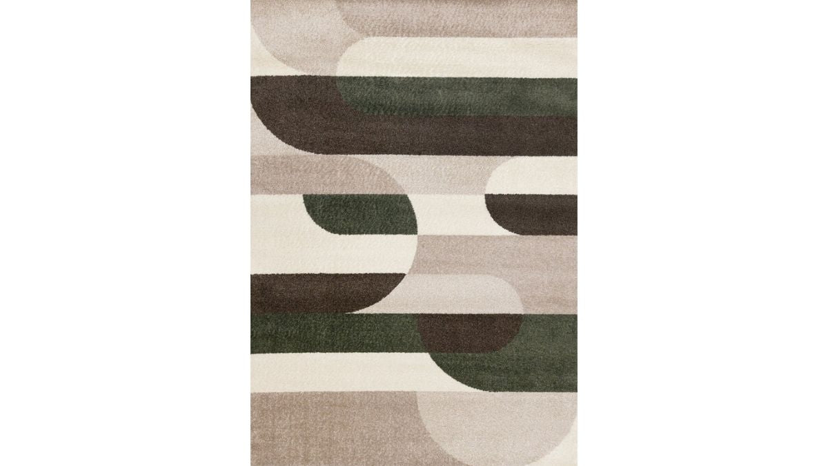 Malibu Taupe Green Cream Striped Curvy Geometric Design Rug