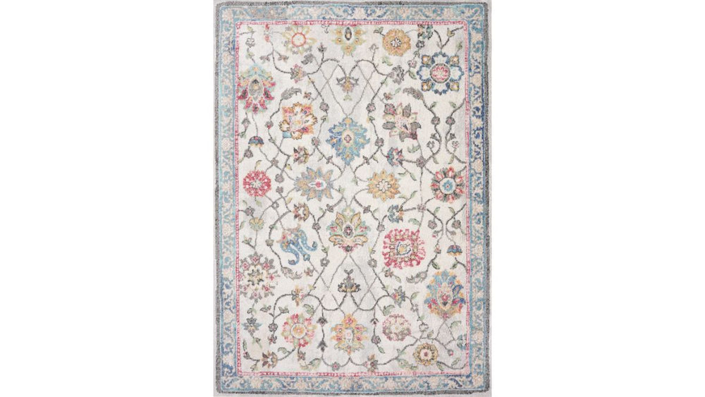 Fresco Cream Grey Pink Yellow Orange Floral Border Rug