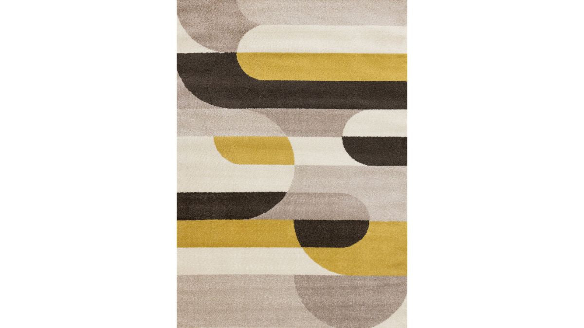 Malibu Taupe Yellow Cream Striped Curvy Geometric Design Rug