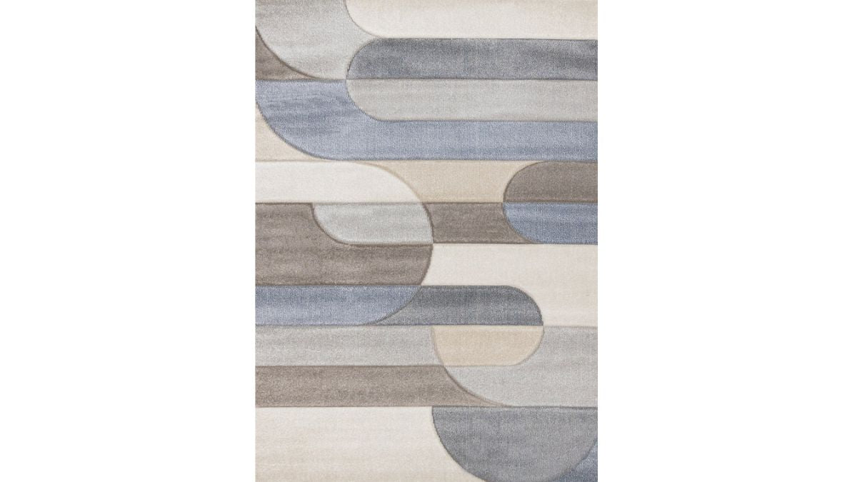 Folio Blue Beige Grey Rounded Geoemetric Overlay Striped Design Rug