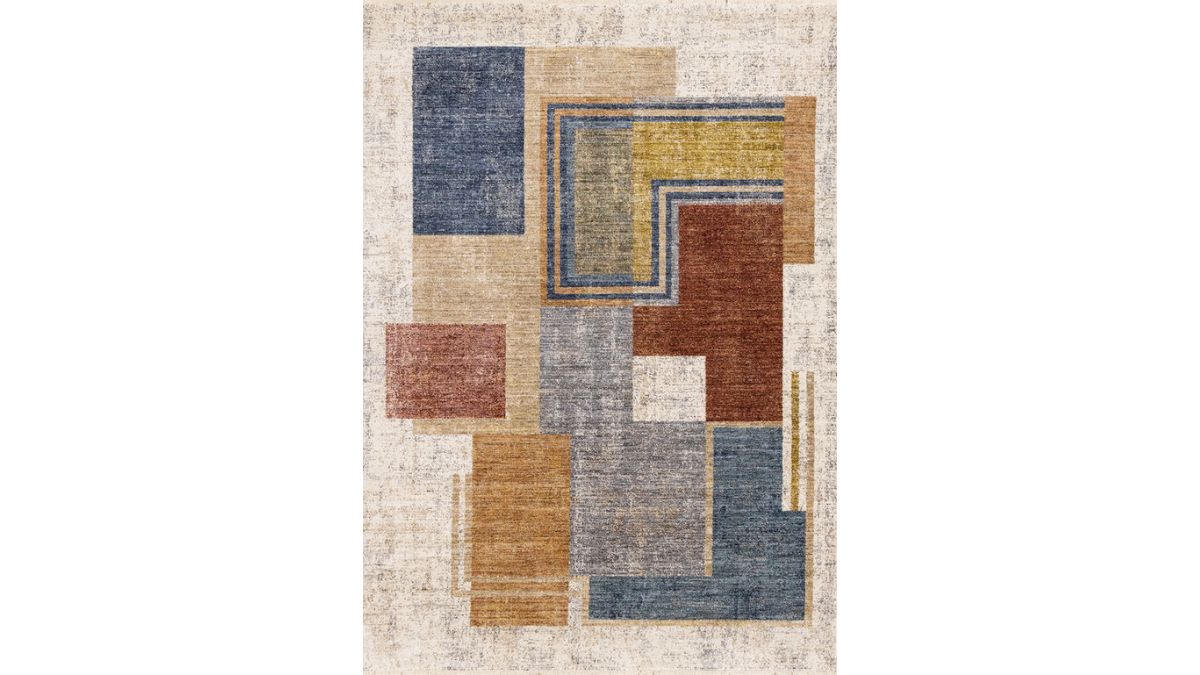 Muse Blue Red Orange Cream Layered Geometric Design Rug