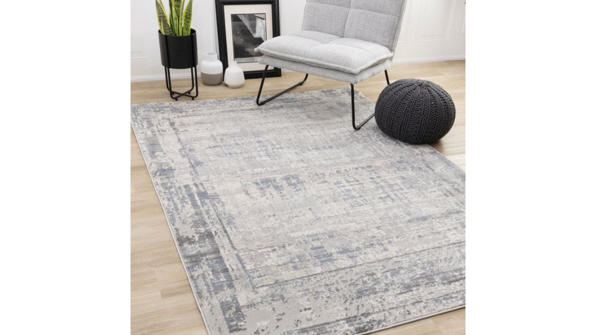 Luca Grey White Blue Distressed Border Rug