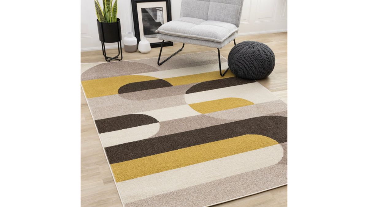 Malibu Taupe Yellow Cream Striped Curvy Geometric Design Rug