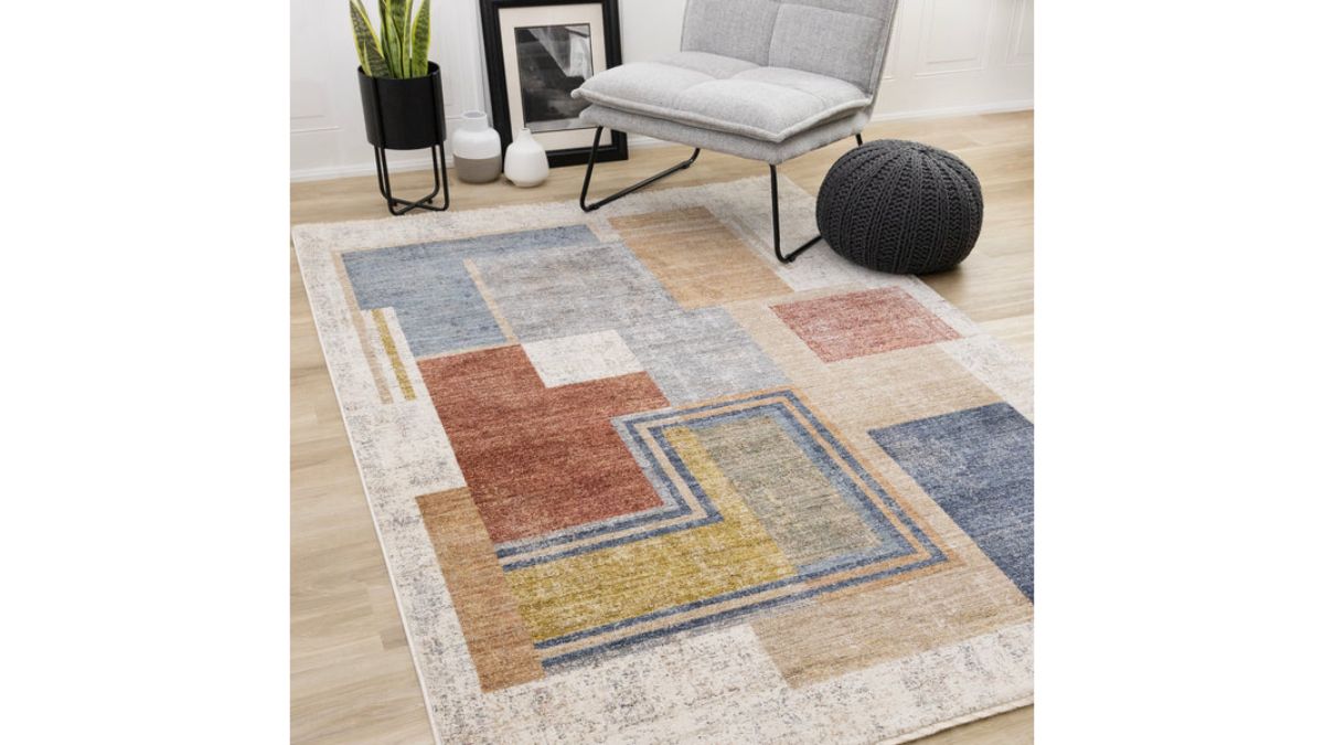 Muse Blue Red Orange Cream Layered Geometric Design Rug