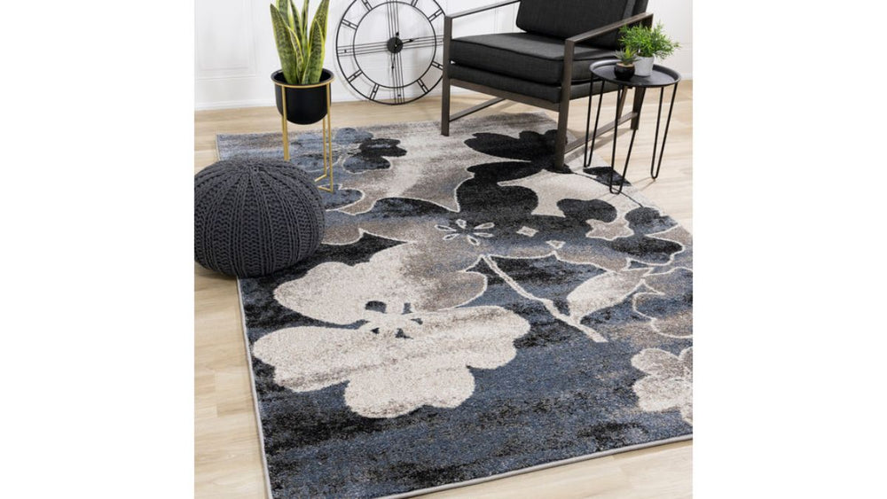 Breeze Blue Cream Black Poppies Rug