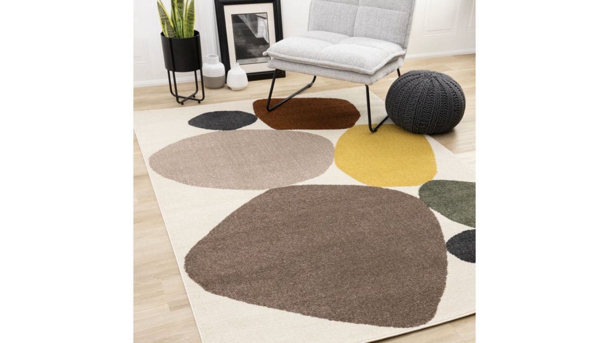 Malibu Cream Oxblood Green Yellow Pebbles Design Rug