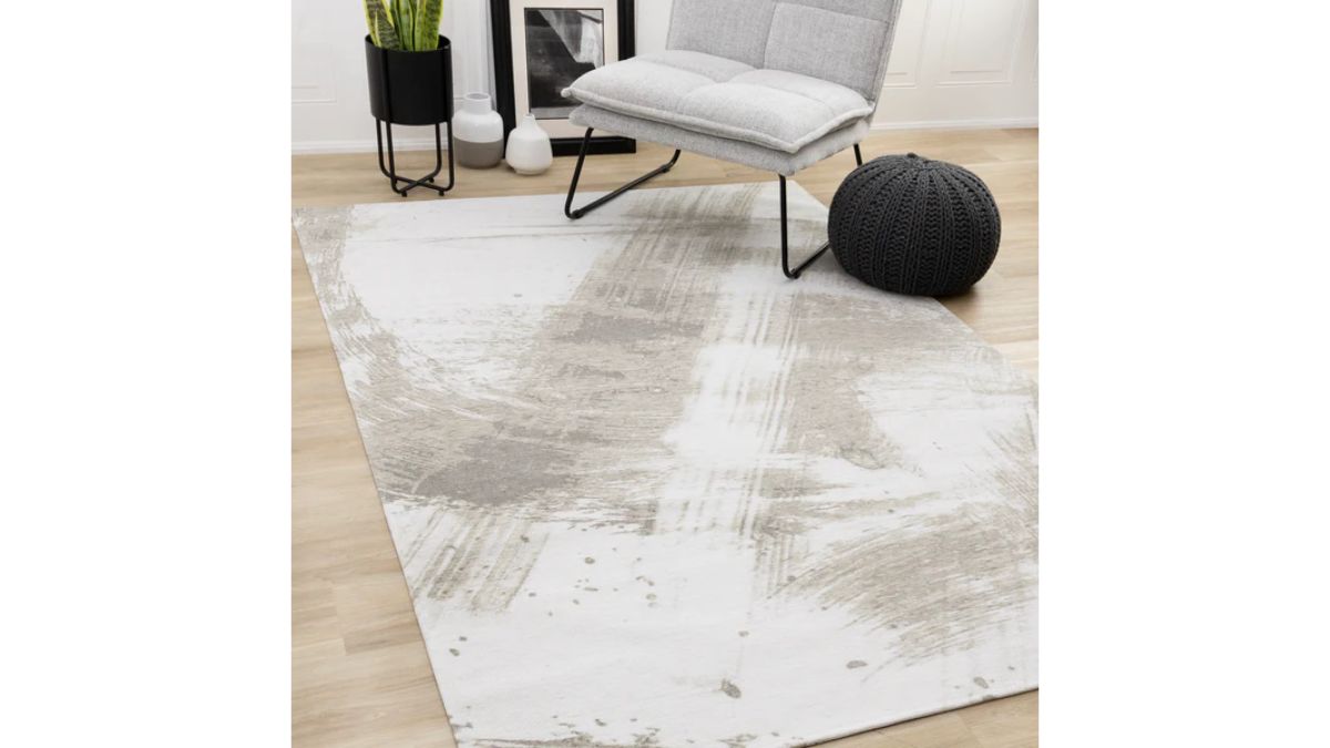 Cathedral White Taupe Beige Brush Strokes Rug