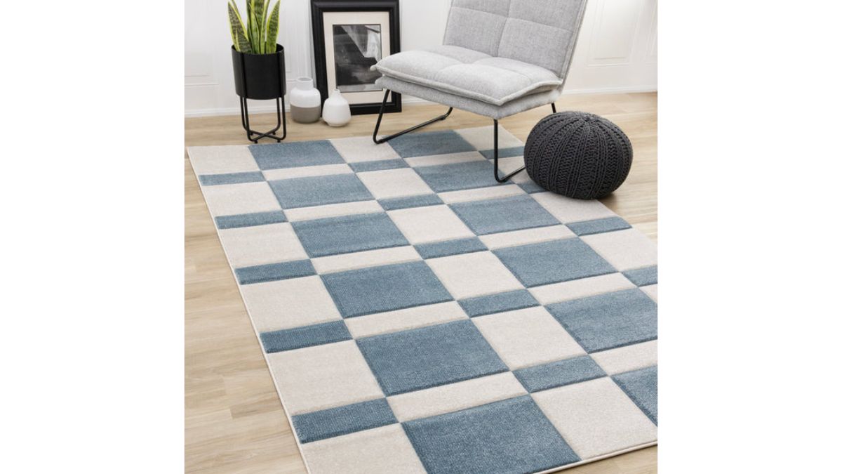 Folio Blue White Banded Rectangle Pattern Rug