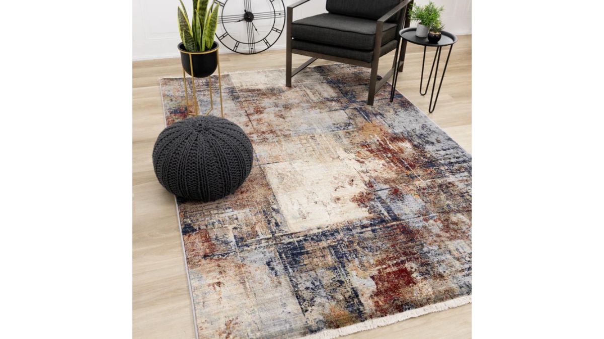 Serene Red Blue Beige Layered Distressed Rug