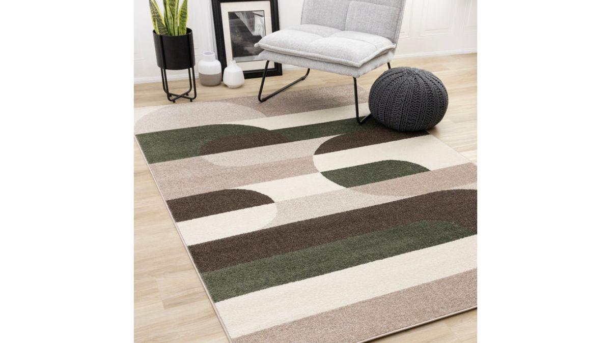 Malibu Taupe Green Cream Striped Curvy Geometric Design Rug