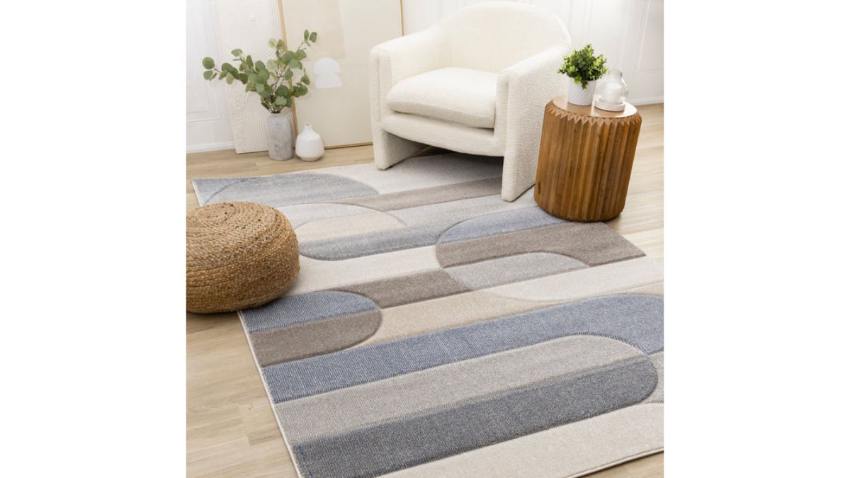 Folio Blue Beige Grey Rounded Geoemetric Overlay Striped Design Rug